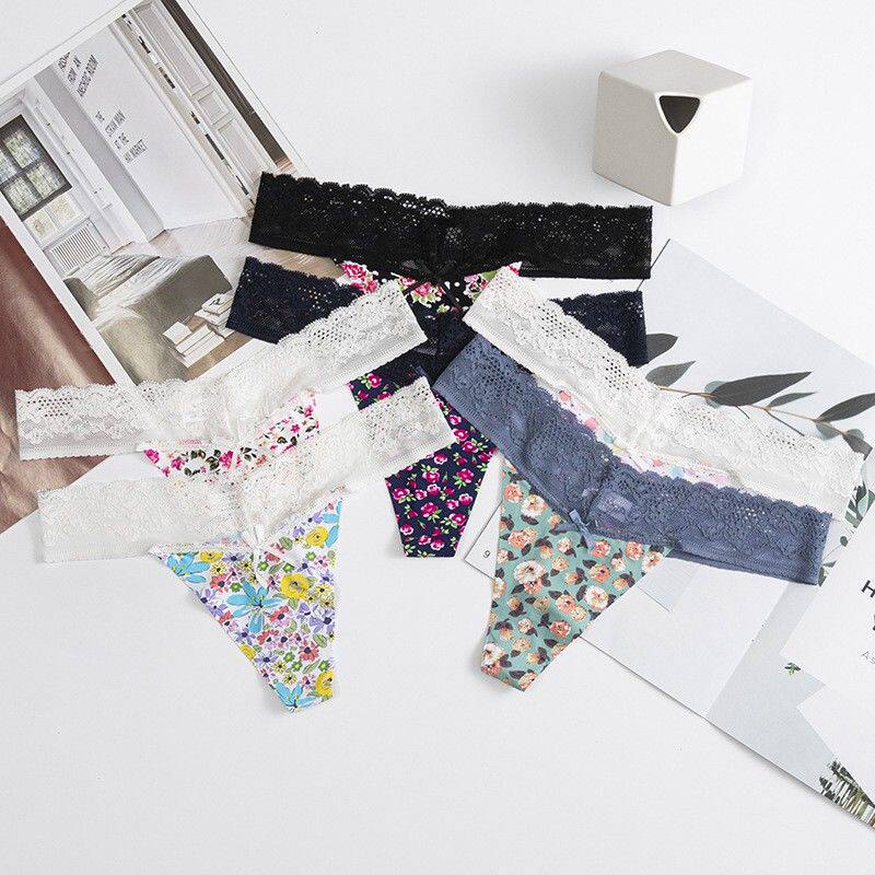 新款蕾丝边三角裤 透明低腰女士内衣性感丁字裤 纯欲辣妹印花内裤
