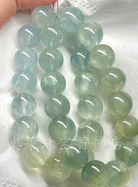 天然水晶手串海宝蓝+葡萄石绿渐变色清透拉丝11mm弹力手链精品