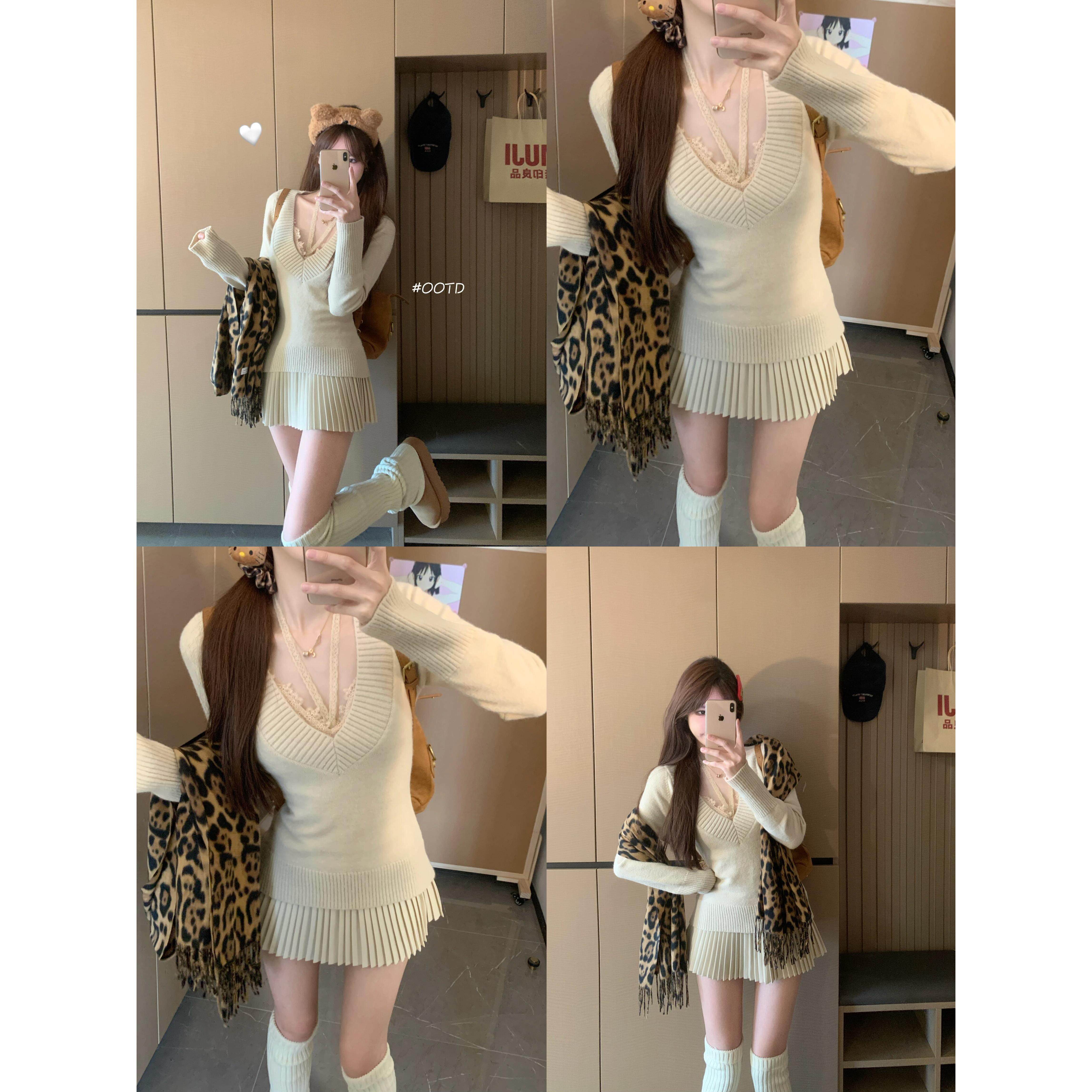 秋冬新款辣妹气质V领修身针织毛衣蕾丝吊带背心高腰半身裙两件套,淘宝优惠券,粉丝福利购,淘宝优惠卷