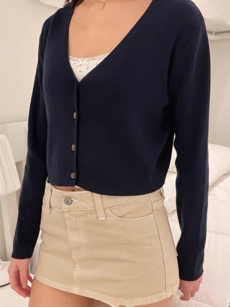 Brandy BM秋装新款美式复古V领短款针织开衫女式bm长袖毛衣短外套 - 图2
