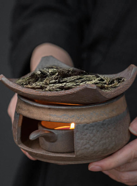 复古粗陶香薰炉烘焙炉植物扩香烤鼠尾草雪松杖隔火温熏炉粉末碎叶