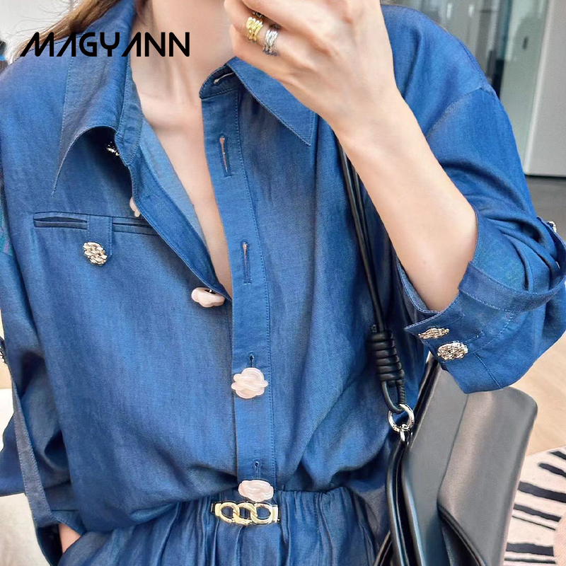 Magyann【藏风】设计师原创通勤舒适蓝色宽松上衣女素色廓形衬衫 - 图0