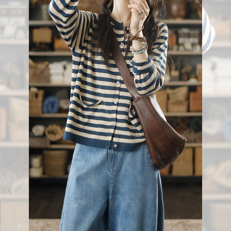 条纹高级感长袖针织开衫条纹秋季新款女独特别致小众百搭上衣毛衣,淘宝优惠券,粉丝福利购,淘宝优惠卷