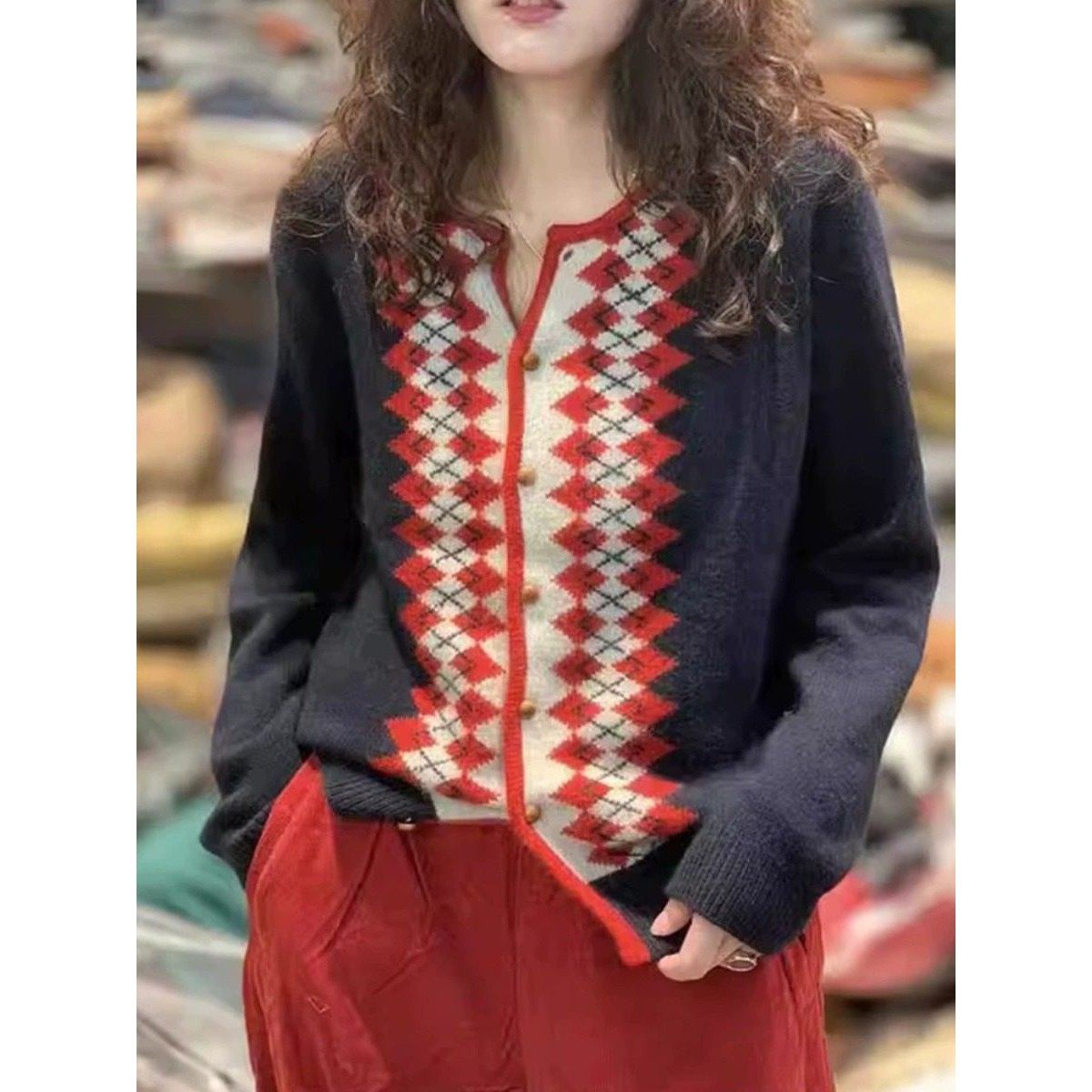 法国Rixo Rane 好物推荐?圣诞红菱格针织开衫女拼色软糯毛衣外套,淘宝优惠券,粉丝福利购,淘宝优惠卷