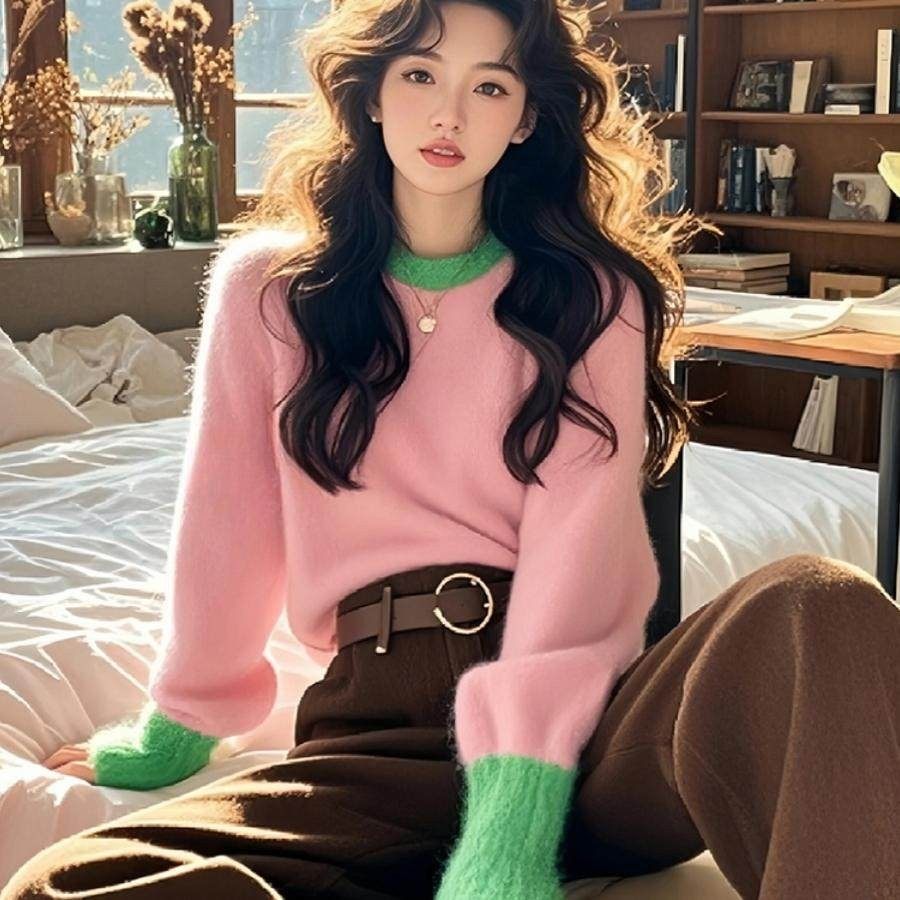 法国Rixo Rane ?粉绿撞色针织超好看打底衫内搭毛衣女秋冬季上衣,淘宝优惠券,粉丝福利购,淘宝优惠卷