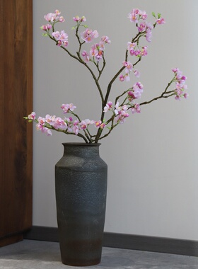 中古风家居摆件纯手工陶瓷花瓶黑色高档落地瓷瓶客厅玄关插花器