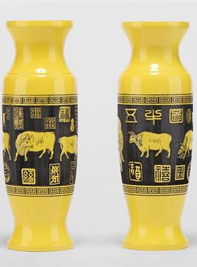 金丝楠木五牛图花瓶摆件一对实木客厅插花中式雕花工艺品装饰礼品