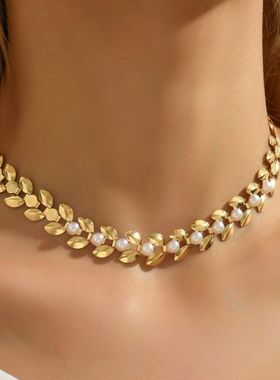 波西米亚项链 高级感女士配饰 时尚金色麦穗链条 珍珠叠戴锁骨链