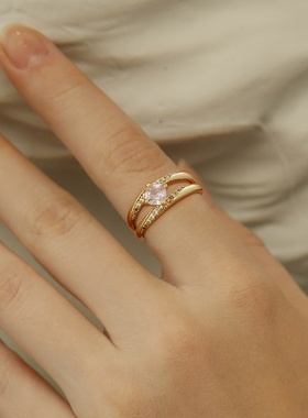 fettero 铜合金戒指 【金色双线半镶戒指】气质时尚简约镶钻