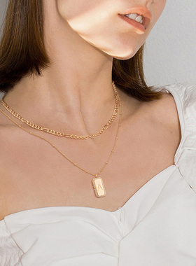 fettero 铜合金项链 【双层方条俩排钻字母项链】高定设计坠链