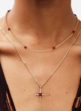 fettero铜合金金色红玉圆柱项链