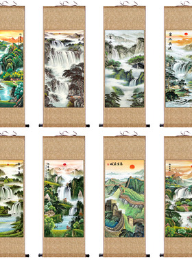 招财山水画长城字画卷轴画富水长流装裱卷轴挂画国画玄关壁画定制