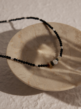 Hihipenny/月光华尔兹 黑水晶字母贝壳七彩天然石925银串珠项链女