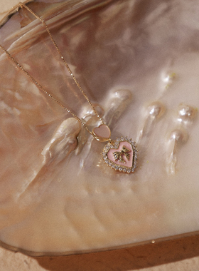 Hihipenny/莫奈花园镶锆爱心滴油吊坠少女闪闪粉嫩可爱蝴蝶结项链