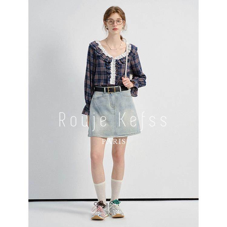 rouje kefss法式格子V领蕾丝花边衬衫女秋季覆古荷叶边灯笼袖上衣,淘宝优惠券,粉丝福利购,淘宝优惠卷