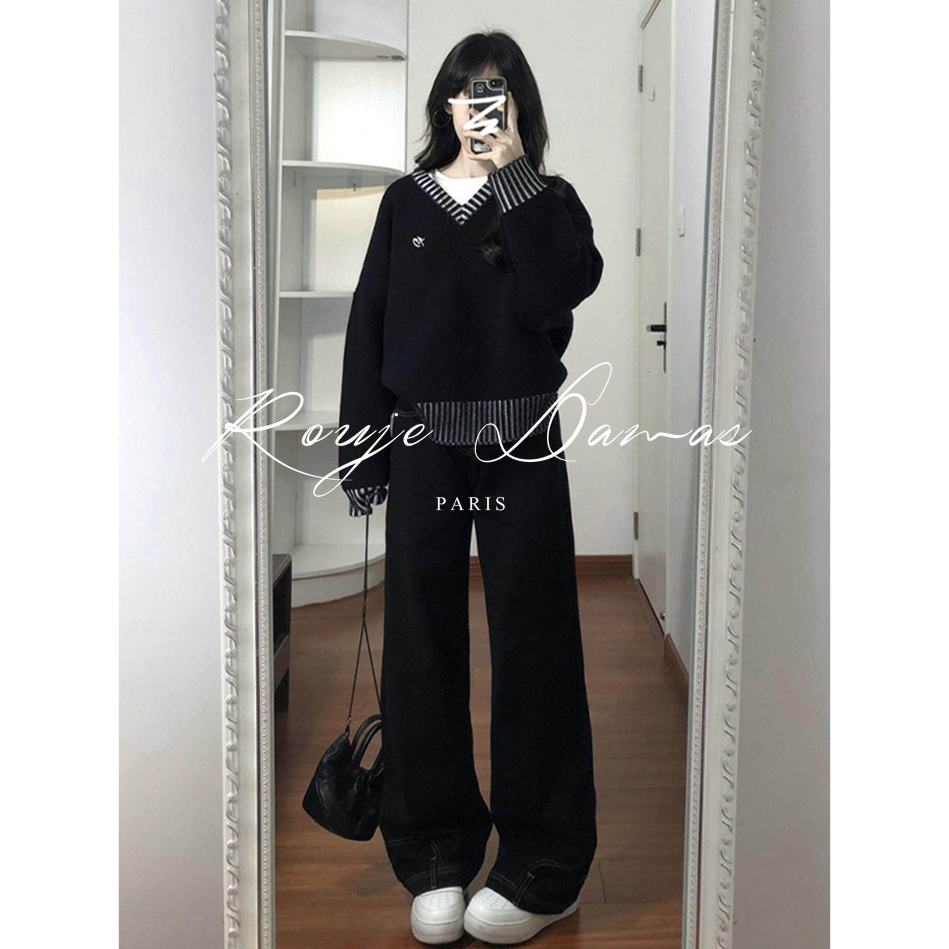 Rouje Damas法式小众条纹边V领毛衣女覆古慵懒高级感宽松针织上衣,淘宝优惠券,粉丝福利购,淘宝优惠卷