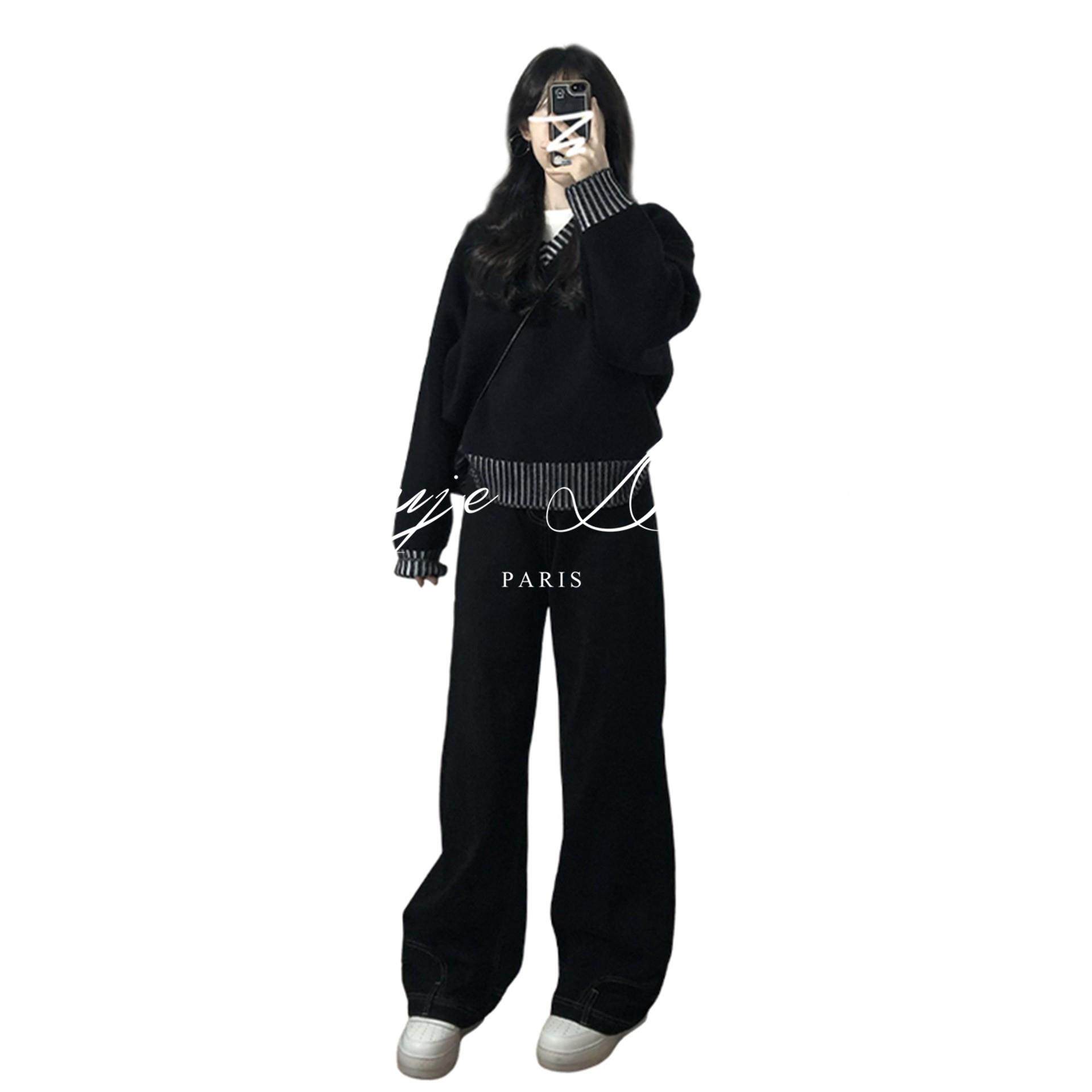 Rouje Damas法式小众条纹边V领毛衣女覆古慵懒高级感宽松针织上衣,淘宝优惠券,粉丝福利购,淘宝优惠卷