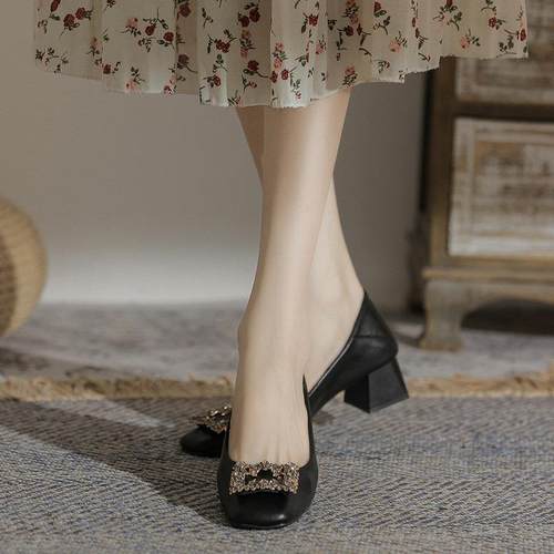 新款强推！通勤百搭真皮粗跟气质法式瓢鞋职业鞋裸色高跟鞋单鞋女 - 图1