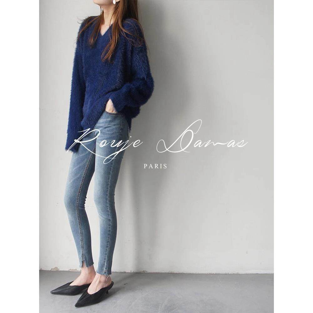 法国Rouje Damas法式软糯系浣熊绒马海毛克莱因蓝V领毛衣女针织衫,淘宝优惠券,粉丝福利购,淘宝优惠卷