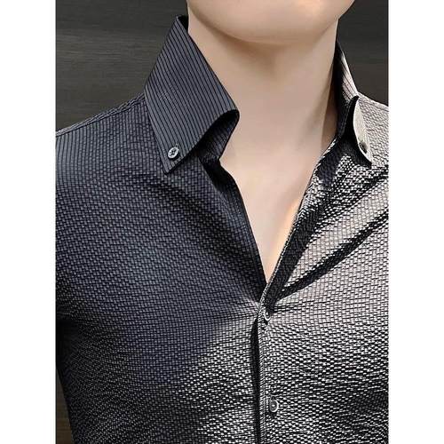 轻奢泡泡纱纯色衬衫男士秋季新款大领商务休闲修身薄款透气高级感 - 图3