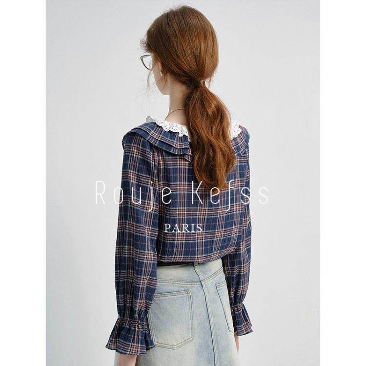 rouje kefss法式格子V领蕾丝花边衬衫女秋季覆古荷叶边灯笼袖上衣,淘宝优惠券,粉丝福利购,淘宝优惠卷