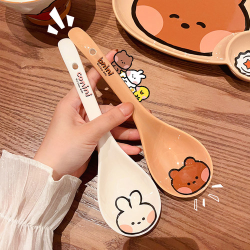布朗熊陶瓷勺子家用汤勺大号盛汤舀粥勺厨房长柄勺面勺调羹汤匙 - 图0