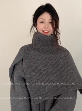 灰色针织高领套头围脖女新款披肩