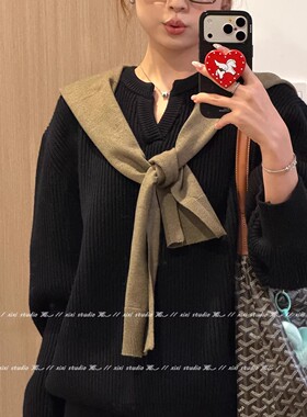韩系极简绿色针织披肩女早春系脖