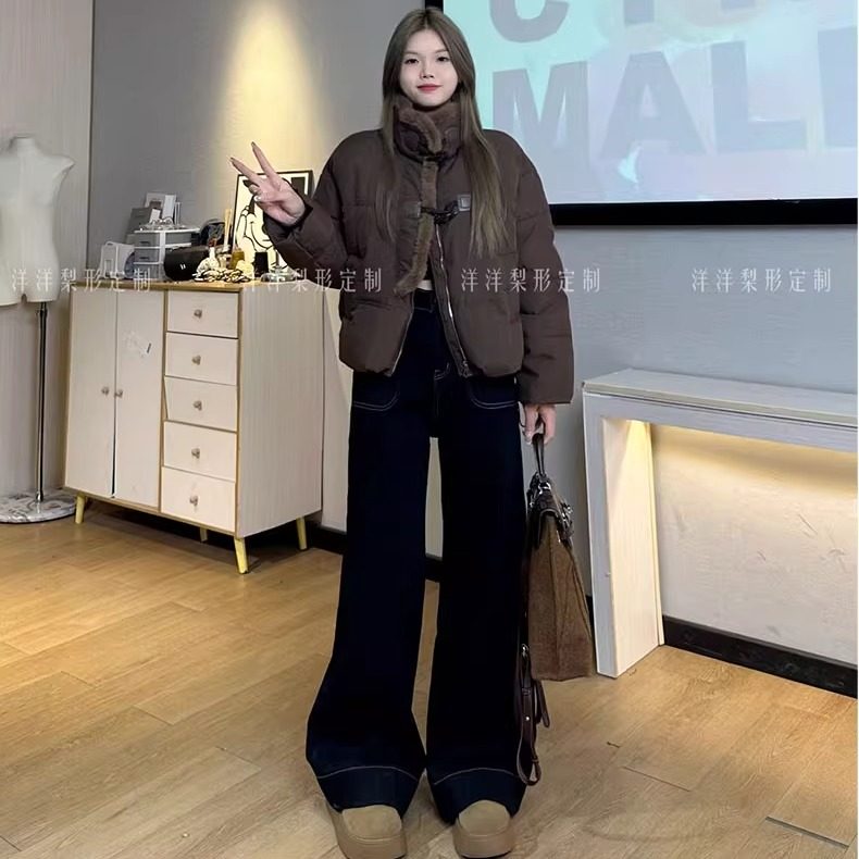 1001#梨形身材胖mm大码阔腿裤加长牛仔裤宽松显瘦直筒拖地长裤