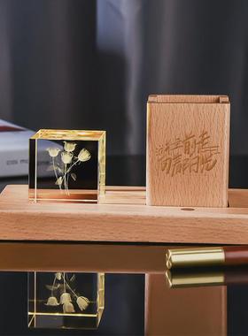 木质内雕底座3d发光水晶块小夜灯星系创意笔筒桌面摆件礼品