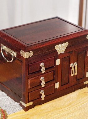 现货批发大红酸枝箱复古珠宝饰品收纳盒红木结婚化妆镜首饰盒带锁