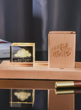 木质发光底座3d内雕水晶块小夜灯星系创意笔筒桌面摆件礼品