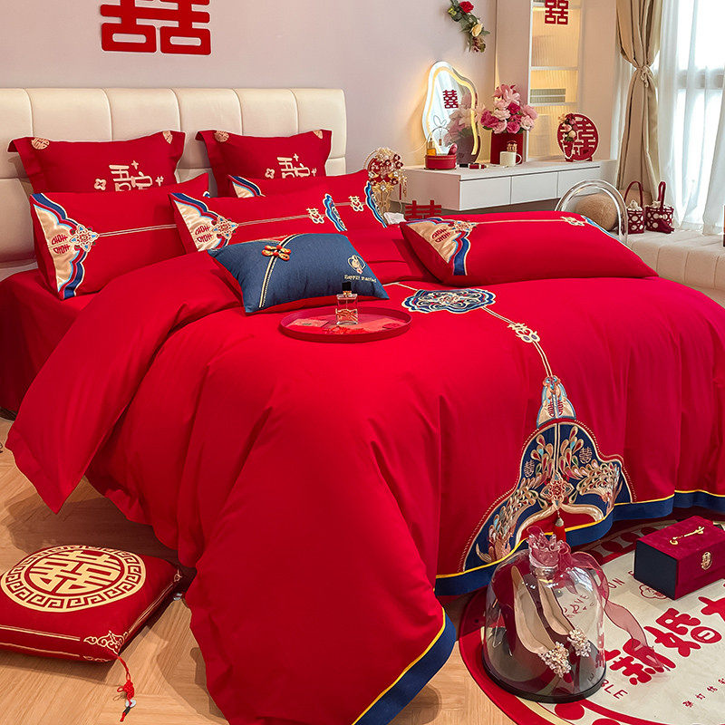 新中式婚庆160支长绒棉四件套红色被套结婚陪嫁全棉床单床上用品4,淘宝优惠券,粉丝福利购,淘宝优惠卷
