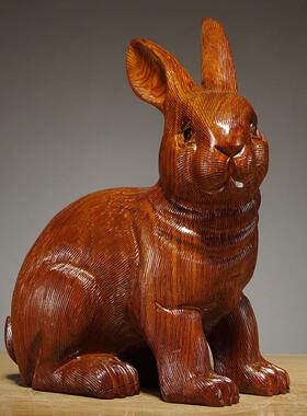 适用花梨木雕生肖兔子摆件动物实木兔雕刻家居吉祥物装饰红木工艺