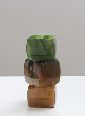 中古风渐变彩色几何方块酒店餐桌软装花瓶电视柜台面装饰玻璃摆件