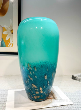 天水碧渐变孔雀翎手工大口径琉璃花瓶电视柜博古架高级样板间摆件