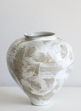 陶艺复古新中式白色圆肚陶瓷花瓶摆件禅意插花艺干花民宿装饰花器