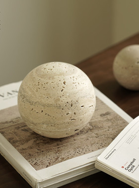 栗石侘寂风圆球洞石几何岩球摆件简约样板房客厅书房桌面装饰品