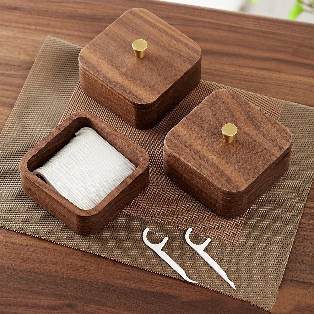 北美黑胡桃实木牙签牙线收纳盒带盖棉签盒家用多层木质桌面整理盒,淘宝优惠券,粉丝福利购,淘宝优惠卷