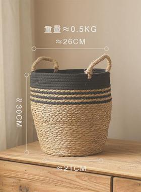 手工黑边线蒲草花篮双耳装饰篮子落地花盆客厅草编篮装饰花瓶