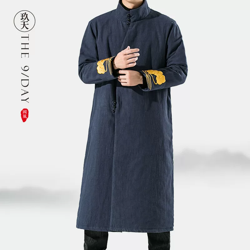 Long down jacket with down, Chinese style, with embroidery, increased thickness, oversize