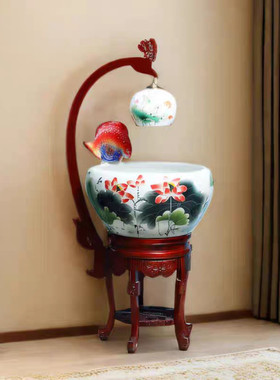 加湿陶瓷鱼缸新中式循环增氧流水景德镇鱼盆落地鱼缸玄关装饰摆件