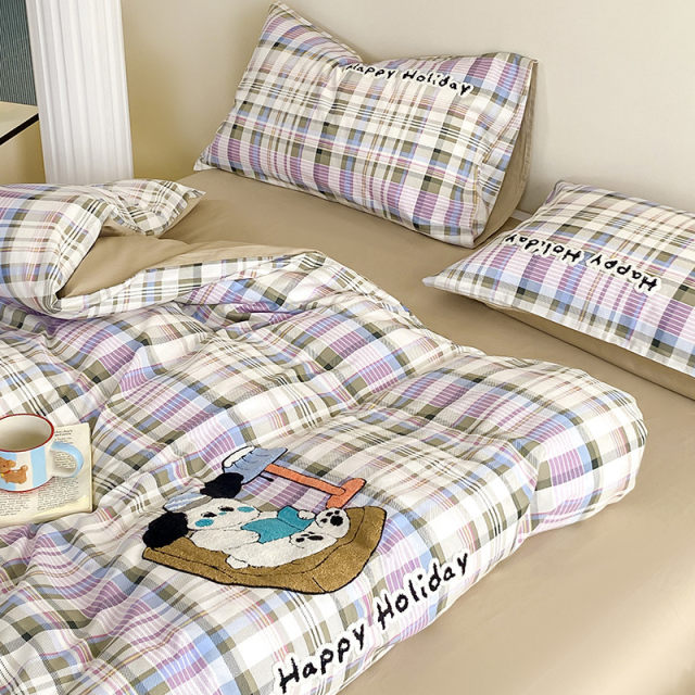 Cream ins style towel embroidered bed four-piece set cotton bed pure cotton children's quilt cover bed three-piece set bed 4
