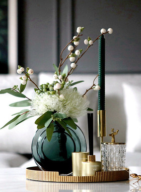 组合墨绿玻璃花瓶仿真花艺套餐样板间设计师托盘香薰现代简约摆件