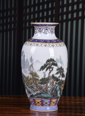 景德镇陶瓷花瓶山水画粉彩插花中式摆件家居客厅电视柜陶瓷装饰品