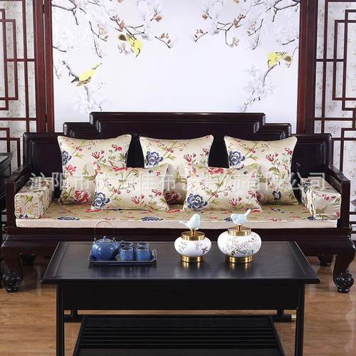 加厚红木提花布料新中式贡缎防滑沙发坐垫罗汉床垫落手枕 - 图1