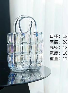 包包创意网红手提篮玻璃花瓶透明水培插花花瓶花器餐桌装饰拍摄