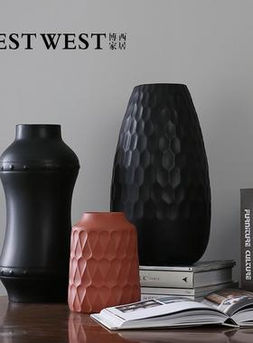 热销新中式黑色褐色小口饰品水培花插器家居餐厅样板间陶瓷花瓶摆