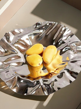 热销轻奢样板房装饰摆设304不锈钢水果盘果盆篮果褶皱不规则果盘