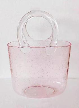 高级感网红透明玻璃包包花瓶创意手提摆件养鱼缸简约轻奢客厅插花